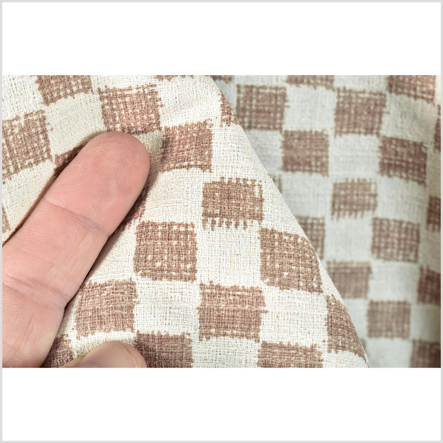 Mocha brown cotton fabric, off-white cream checkerboard screen print, bold graphic pattern, Thai craft, sold by 10 yards PHA399-10