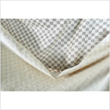 Warm gray cotton fabric, off-white cream checkerboard screen print, bold graphic pattern, Thai craft, sold by the yards PHA400