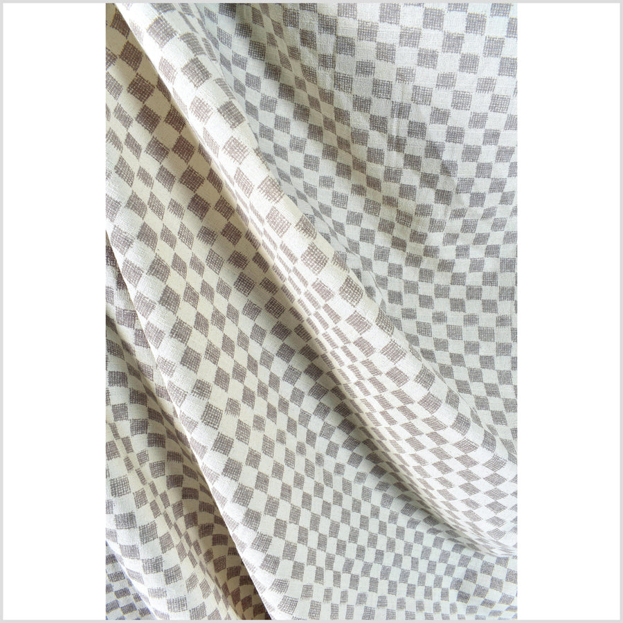 Warm gray cotton fabric, off-white cream checkerboard screen print, bold graphic pattern, Thai craft, sold by 10 yards PHA400-10