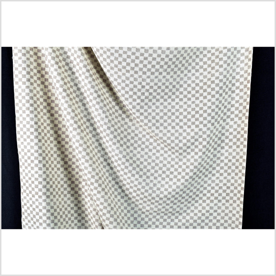 Warm gray cotton fabric, off-white cream checkerboard screen print, bold graphic pattern, Thai craft, sold by 10 yards PHA400-10