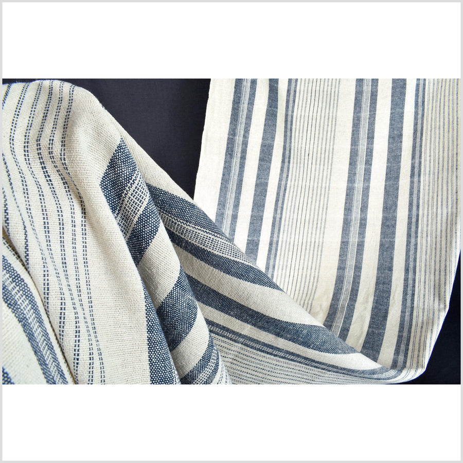 Warm off-white & indigo blue stripes, handwoven fat weave, 100% cotton fabric, medium-weight, Thailand craft, sold per yard PHA409