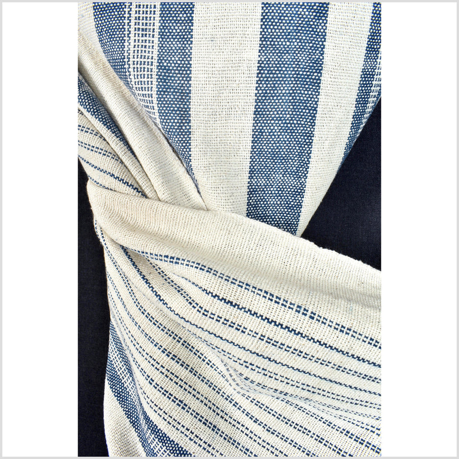 Warm off-white & indigo blue stripes, handwoven fat weave, 100% cotton fabric, medium-weight, Thailand craft, sold per yard PHA409