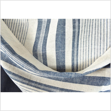 Warm off-white & indigo blue stripes, handwoven fat weave, 100% cotton fabric, medium-weight, Thailand craft, sold per yard PHA409