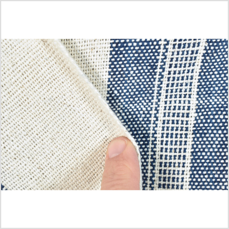 Warm off-white & indigo blue stripes, handwoven fat weave, 100% cotton fabric, medium-weight, Thailand craft, sold per yard PHA409