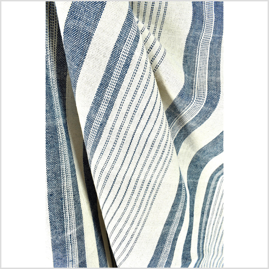 Warm off-white & indigo blue stripes, handwoven fat weave, 100% cotton fabric, medium-weight, Thailand craft, sold per yard PHA409