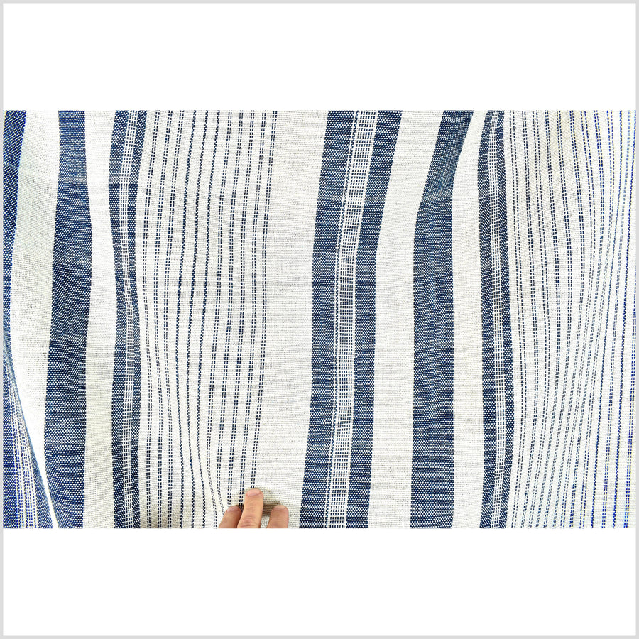 Warm off-white & indigo blue stripes, handwoven fat weave, 100% cotton fabric, medium-weight, Thailand craft, sold per yard PHA409