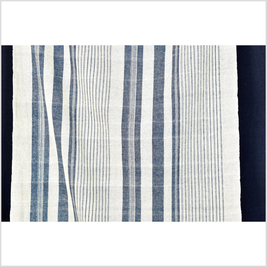 Warm off-white & indigo blue stripes, handwoven fat weave, 100% cotton fabric, medium-weight, Thailand craft, sold per yard PHA409