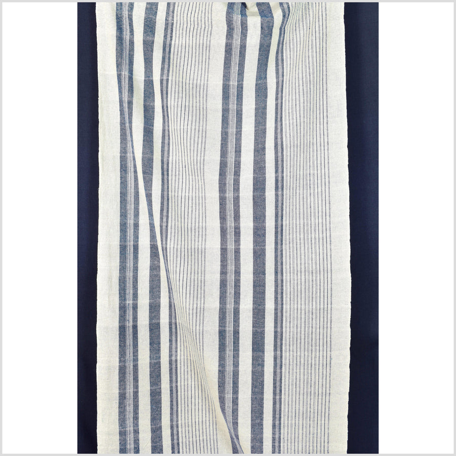 Warm off-white & indigo blue stripes, handwoven fat weave, 100% cotton fabric, medium-weight, Thailand craft, sold per yard PHA409