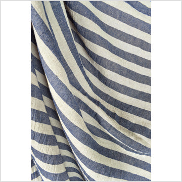 Striped neutral cotton and linen crepe fabric, horizontal blue and beige banding, 10 yards, PHA413-10