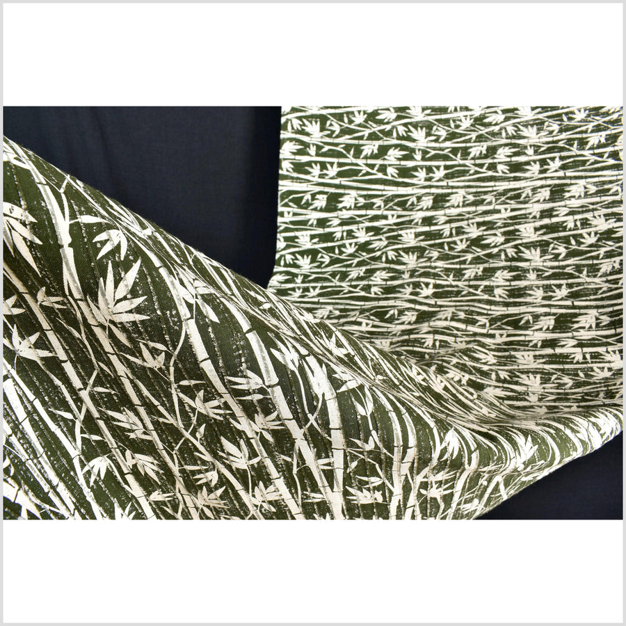 Spring green handwoven textured cotton fabric with cream bamboo print, medium-weight, raised, ribbed texture, Thai woven craft supply PHA418-10