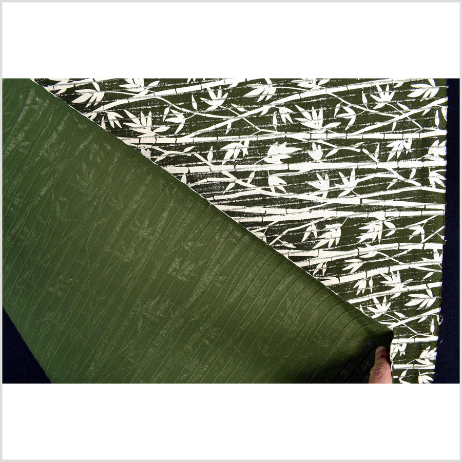 Spring green handwoven textured cotton fabric with cream bamboo print, medium-weight, raised, ribbed texture, Thai woven craft supply PHA418-10