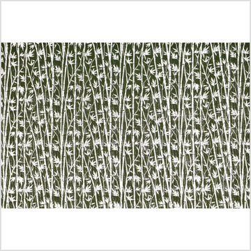 Spring green handwoven textured cotton fabric with cream bamboo print, medium-weight, raised, ribbed texture, Thai woven craft supply PHA418