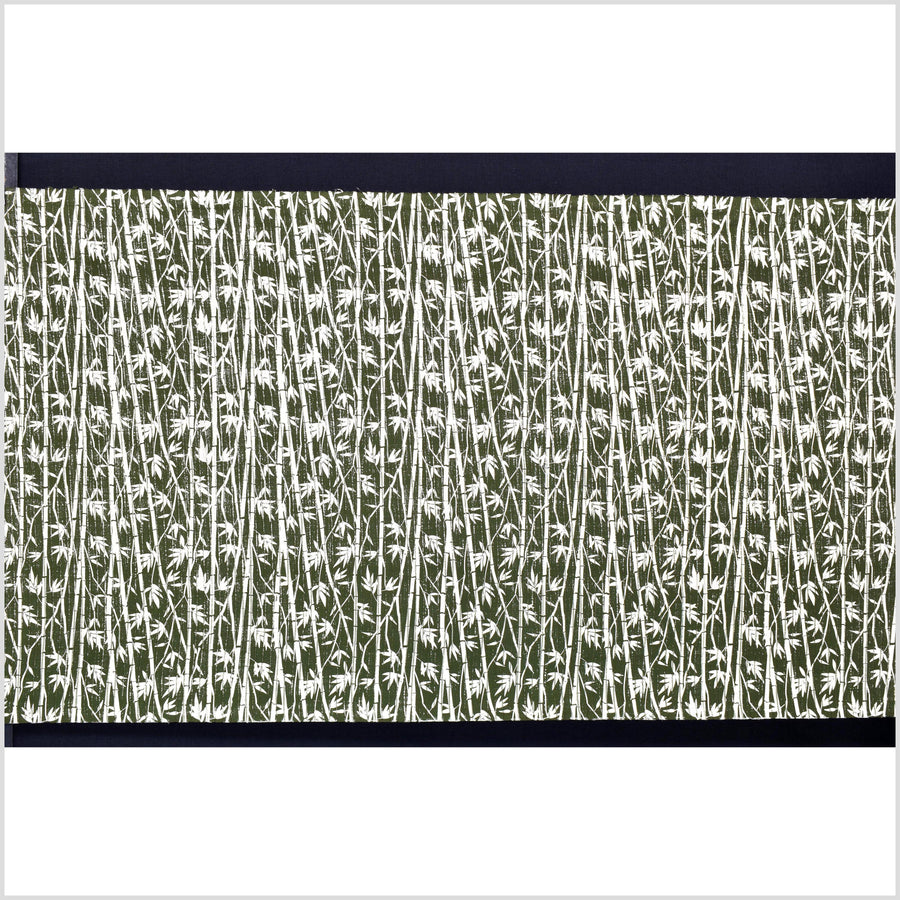 Spring green handwoven textured cotton fabric with cream bamboo print, medium-weight, raised, ribbed texture, Thai woven craft supply PHA418-10