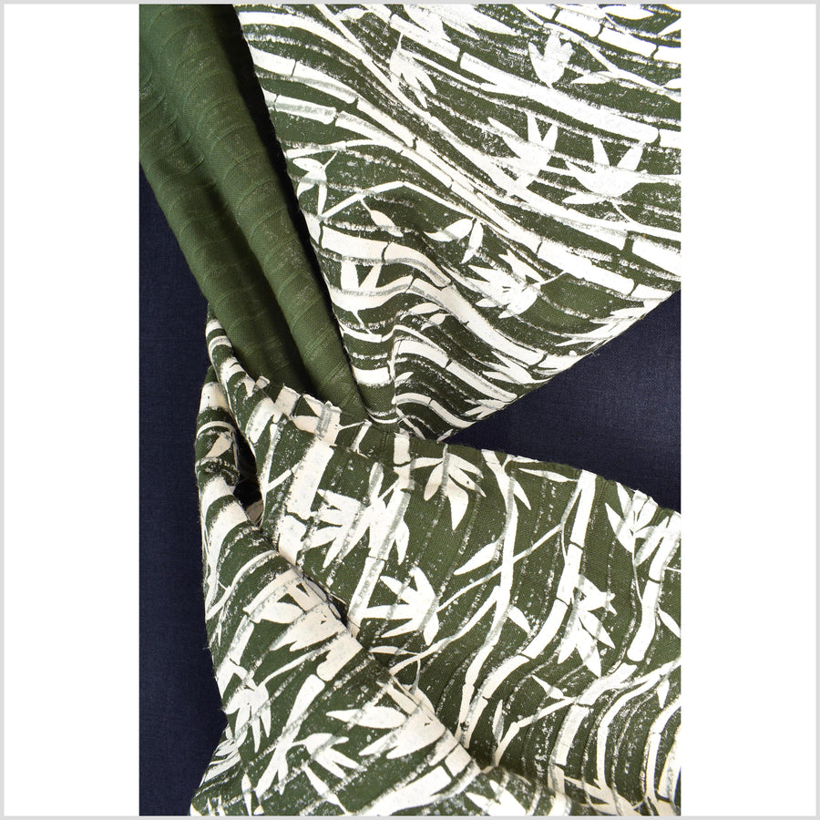 Spring green handwoven textured cotton fabric with cream bamboo print, medium-weight, raised, ribbed texture, Thai woven craft supply PHA418-10