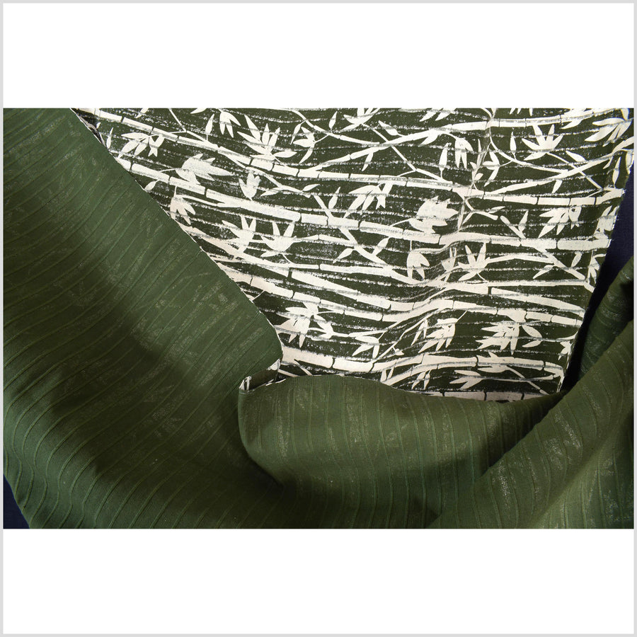 Spring green handwoven textured cotton fabric with cream bamboo print, medium-weight, raised, ribbed texture, Thai woven craft supply PHA418-10