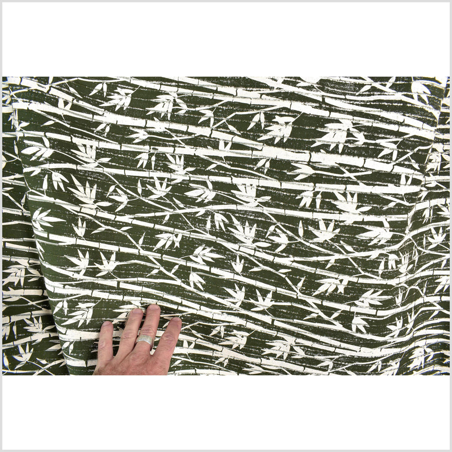 Spring green handwoven textured cotton fabric with cream bamboo print, medium-weight, raised, ribbed texture, Thai woven craft supply PHA418-10