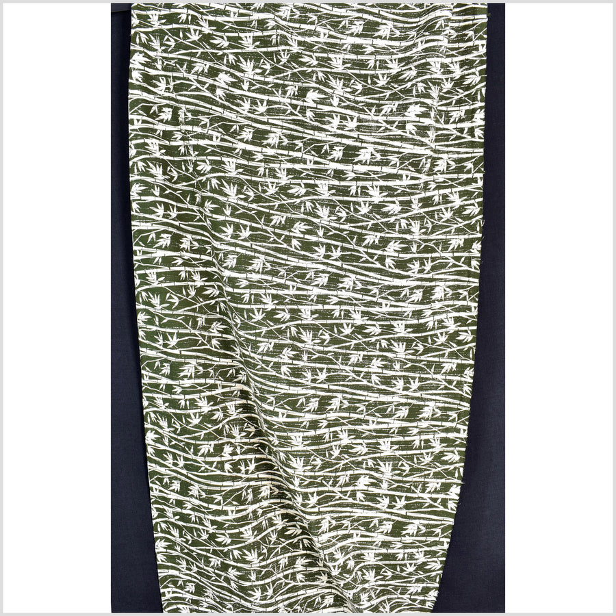 Spring green handwoven textured cotton fabric with cream bamboo print, medium-weight, raised, ribbed texture, Thai woven craft supply PHA418-10