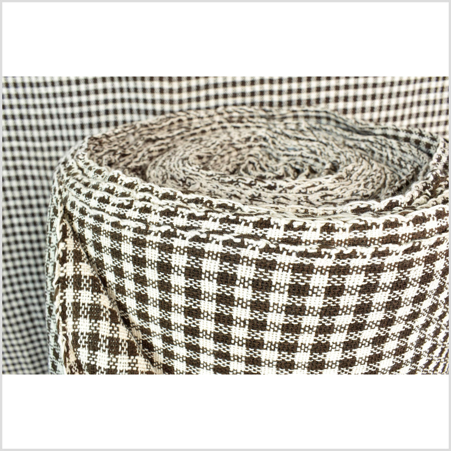 Rich, earthen brown & cream, handwoven thick yarn weave, 100% cotton, natural dye, medium-weight, gingham plaid Thailand craft, per yard PHA421