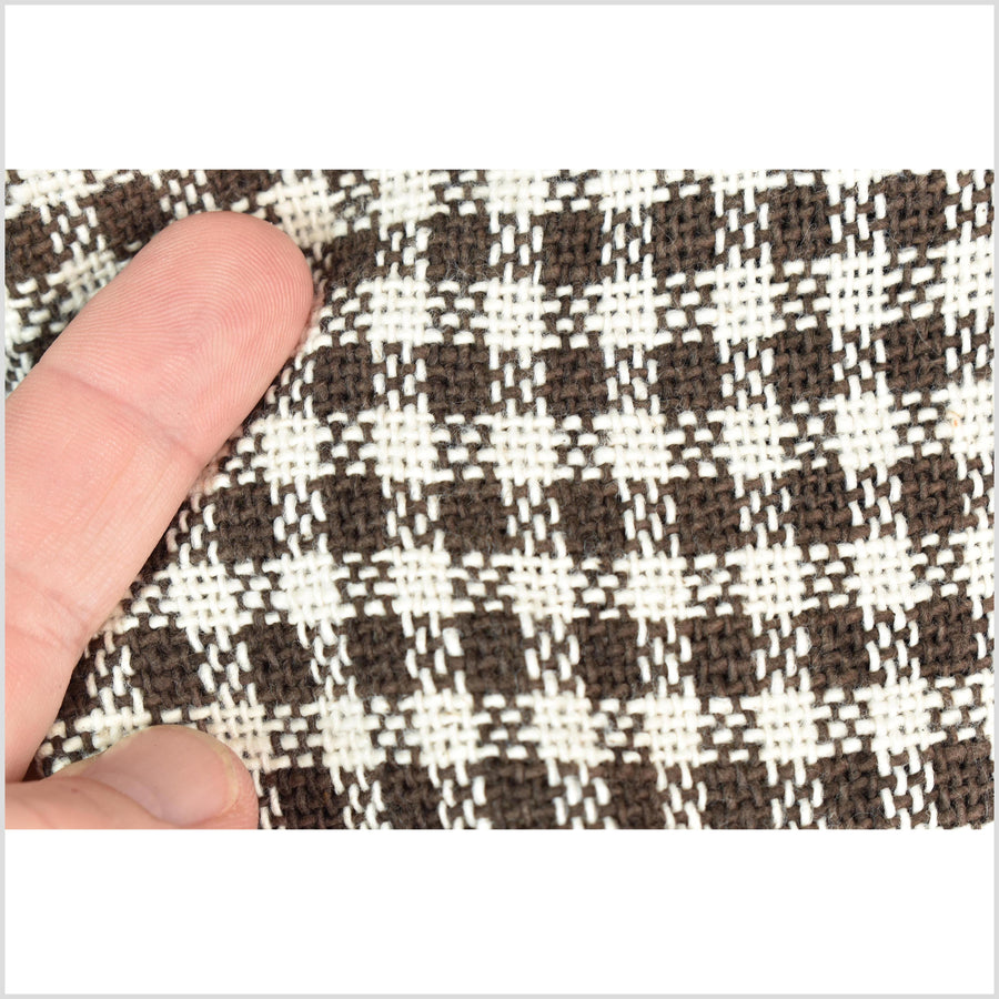 Rich, earthen brown & cream, handwoven thick yarn weave, 100% cotton, natural dye, medium-weight, gingham plaid Thailand craft, per yard PHA421