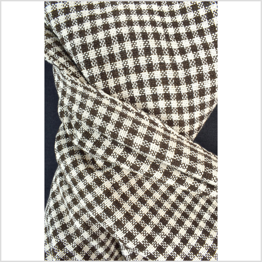Rich, earthen brown & cream, handwoven thick yarn weave, 100% cotton, natural dye, medium-weight, gingham plaid Thailand craft, per yard PHA421