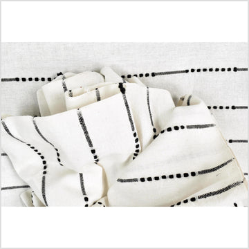 Striking contrast, warm white, handwoven cotton fabric with woven black dot and dash striping, light/medium-weight, fabric by 10 yards PHA426-10