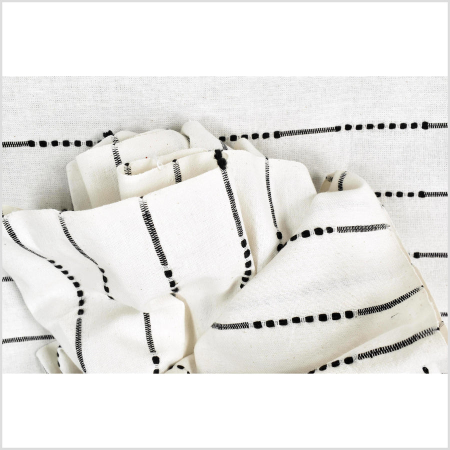 Striking contrast, warm white, handwoven cotton fabric with woven black dot and dash striping, light/medium-weight, fabric by 10 yards PHA426-10