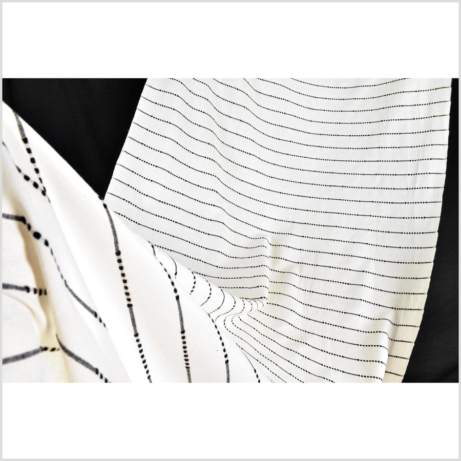Striking contrast, warm white, handwoven cotton fabric with woven black dot and dash striping, light/medium-weight, fabric by 10 yards PHA426-10
