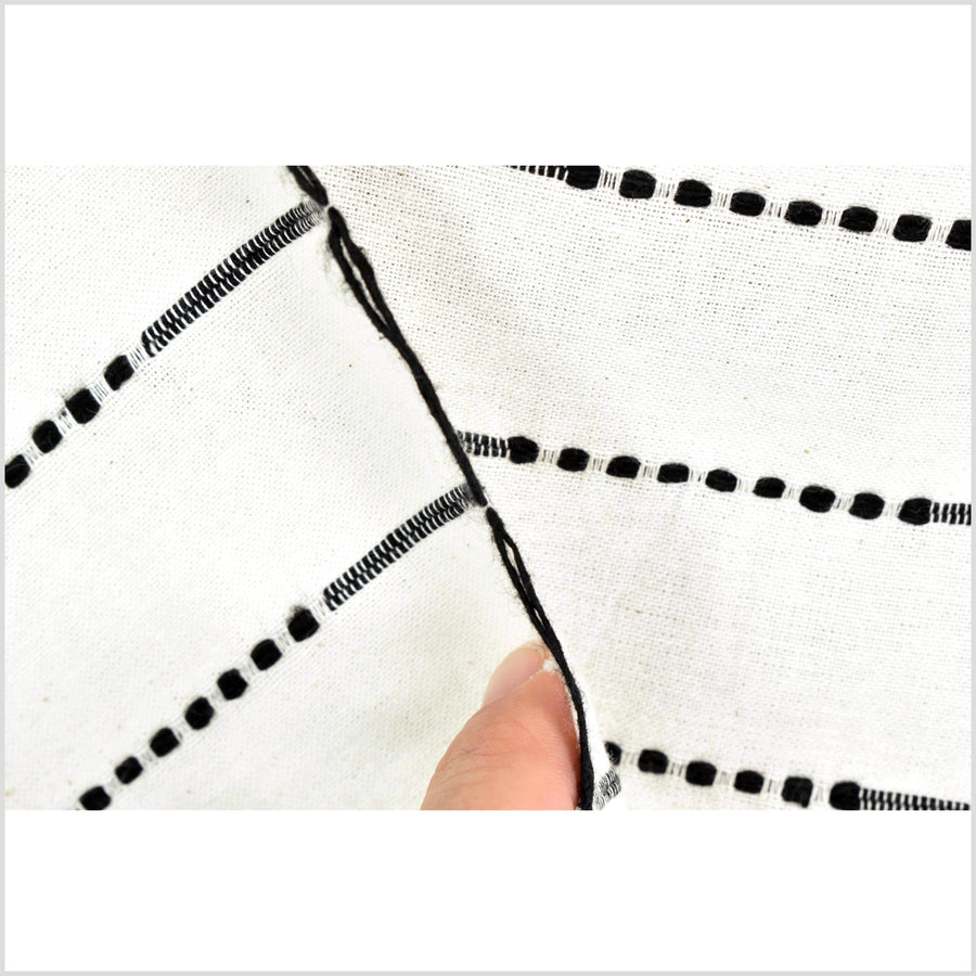 Striking contrast, warm white, handwoven cotton fabric with woven black dot and dash striping, light/medium-weight, fabric by 10 yards PHA426-10
