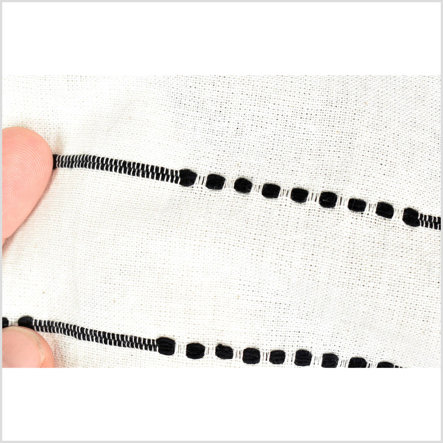 Striking contrast, warm white, handwoven cotton fabric with woven black dot and dash striping, light/medium-weight, fabric by 10 yards PHA426-10