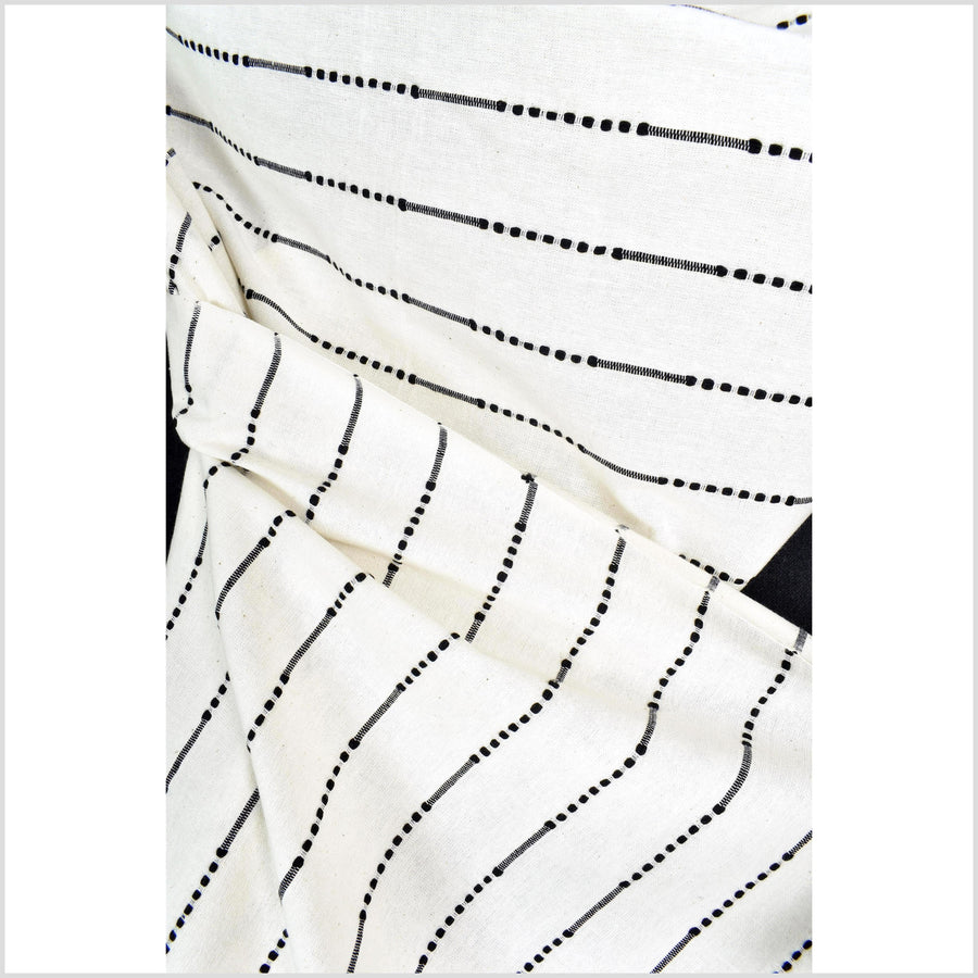 Striking contrast, warm white, handwoven cotton fabric with woven black dot and dash striping, light/medium-weight, fabric by 10 yards PHA426-10