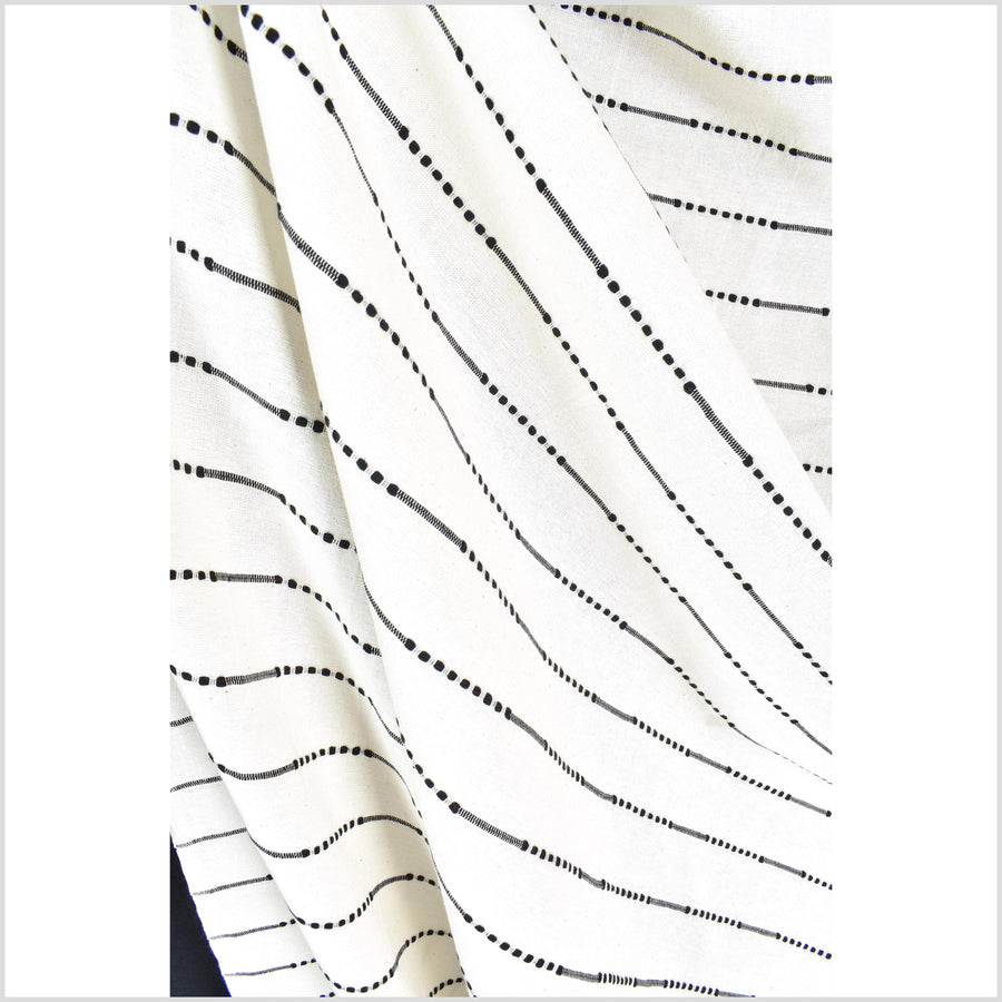 Striking contrast, warm white, handwoven cotton fabric with woven black dot and dash striping, light/medium-weight, fabric by 10 yards PHA426-10