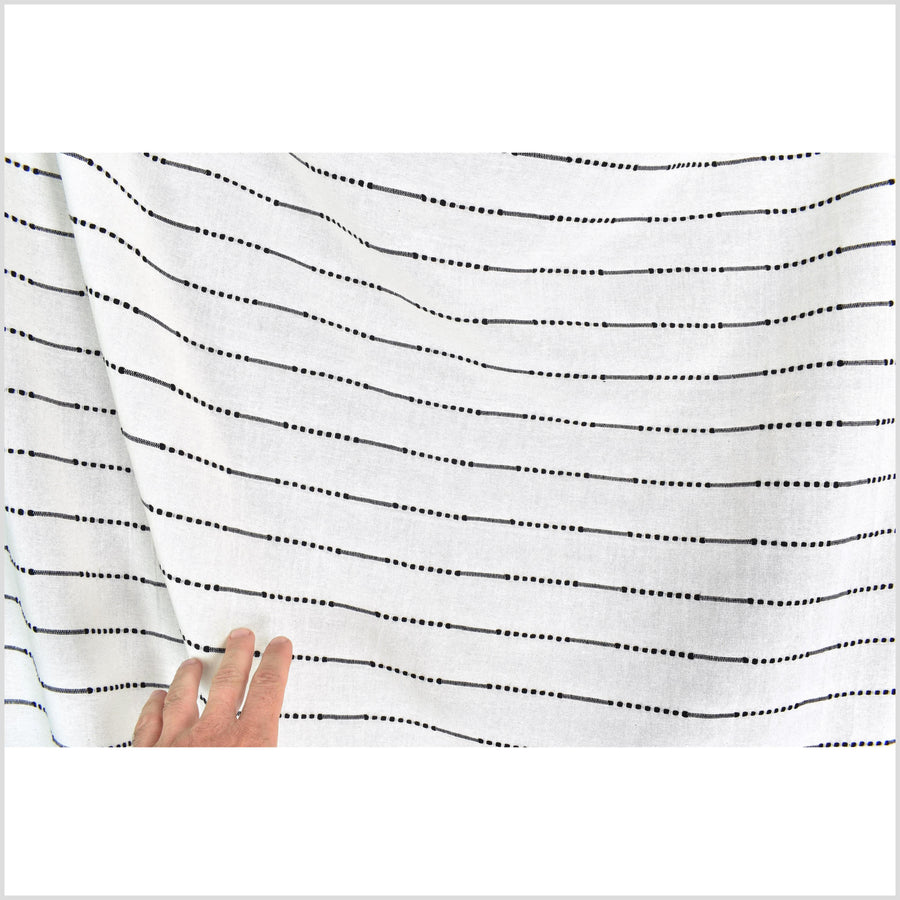 Striking contrast, warm white, handwoven cotton fabric with woven black dot and dash striping, light/medium-weight, fabric by 10 yards PHA426-10