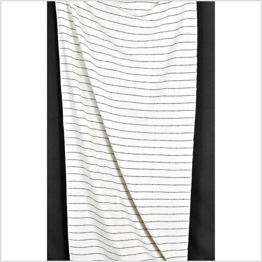 Striking contrast, warm white, handwoven cotton fabric with woven black dot and dash striping, light/medium-weight, fabric by 10 yards PHA426-10