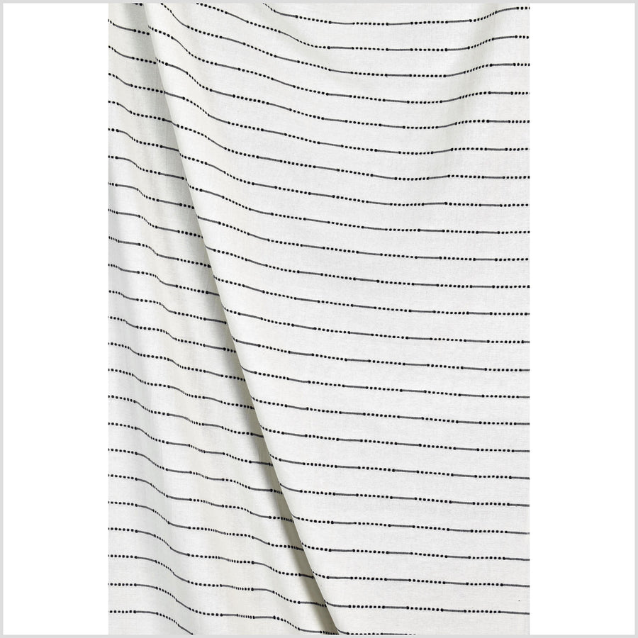 Striking contrast, warm white, handwoven cotton fabric with woven black dot and dash striping, light/medium-weight, fabric by 10 yards PHA426-10