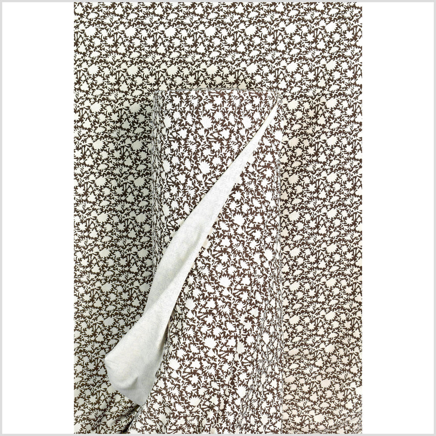 Stylized flower organic print, unbleached natural textured cotton, brown/white, 46