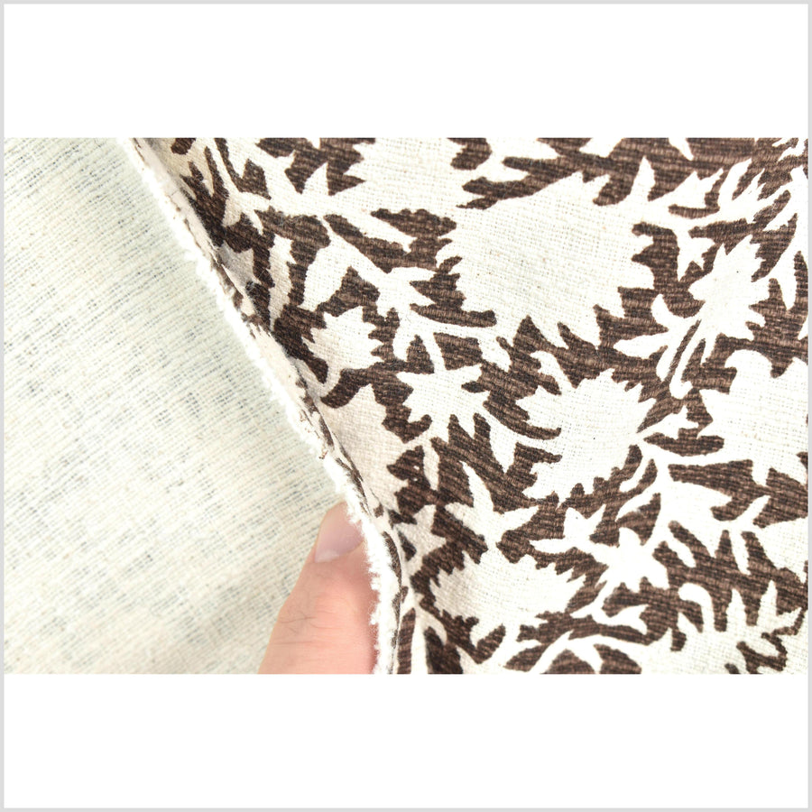 Stylized flower organic print, unbleached natural textured cotton, brown/white, 46