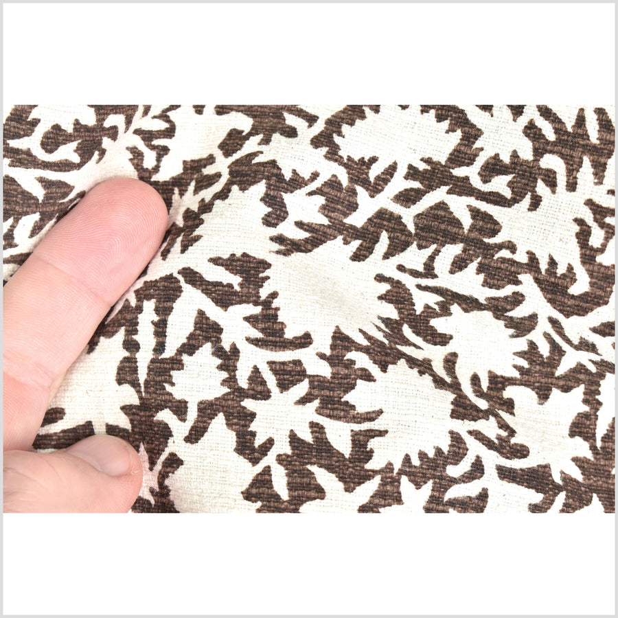 Stylized flower organic print, unbleached natural textured cotton, brown/white, 46