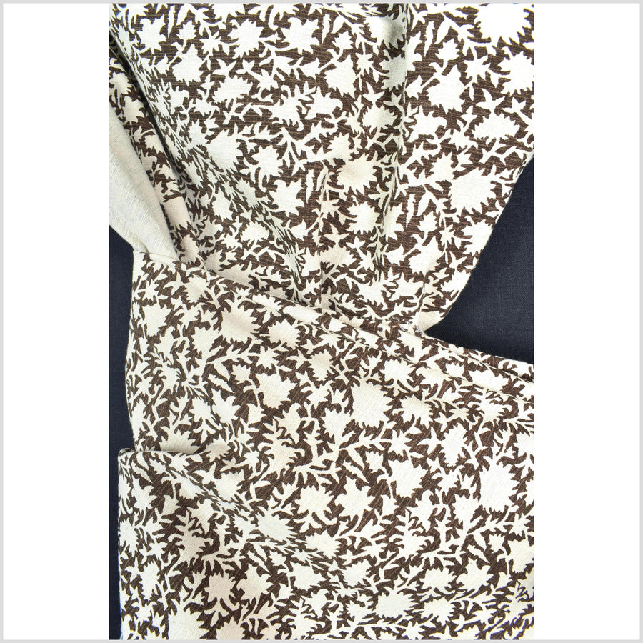 Stylized flower organic print, unbleached natural textured cotton, brown/white, 46