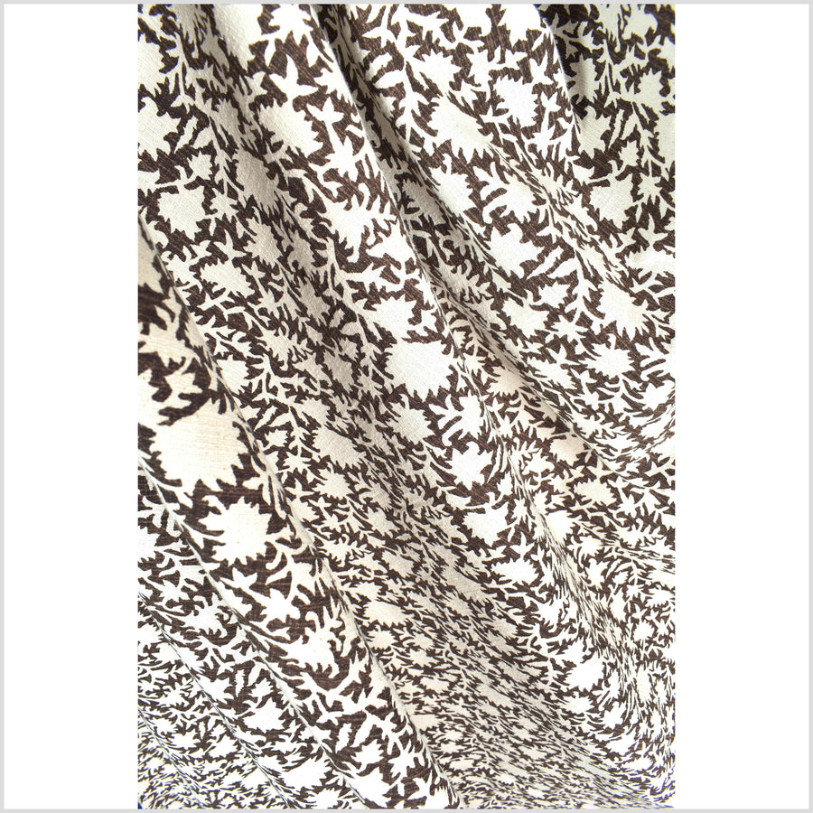 Stylized flower organic print, unbleached natural textured cotton, brown/white, 46