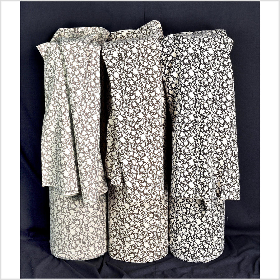 Stylized flower organic print, unbleached natural textured cotton, taupe/white, 46