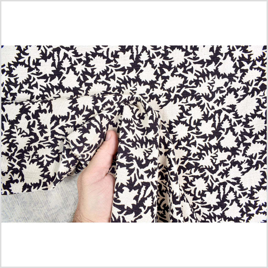 Stylized flower organic print, unbleached natural textured cotton, charcoal/white, 46