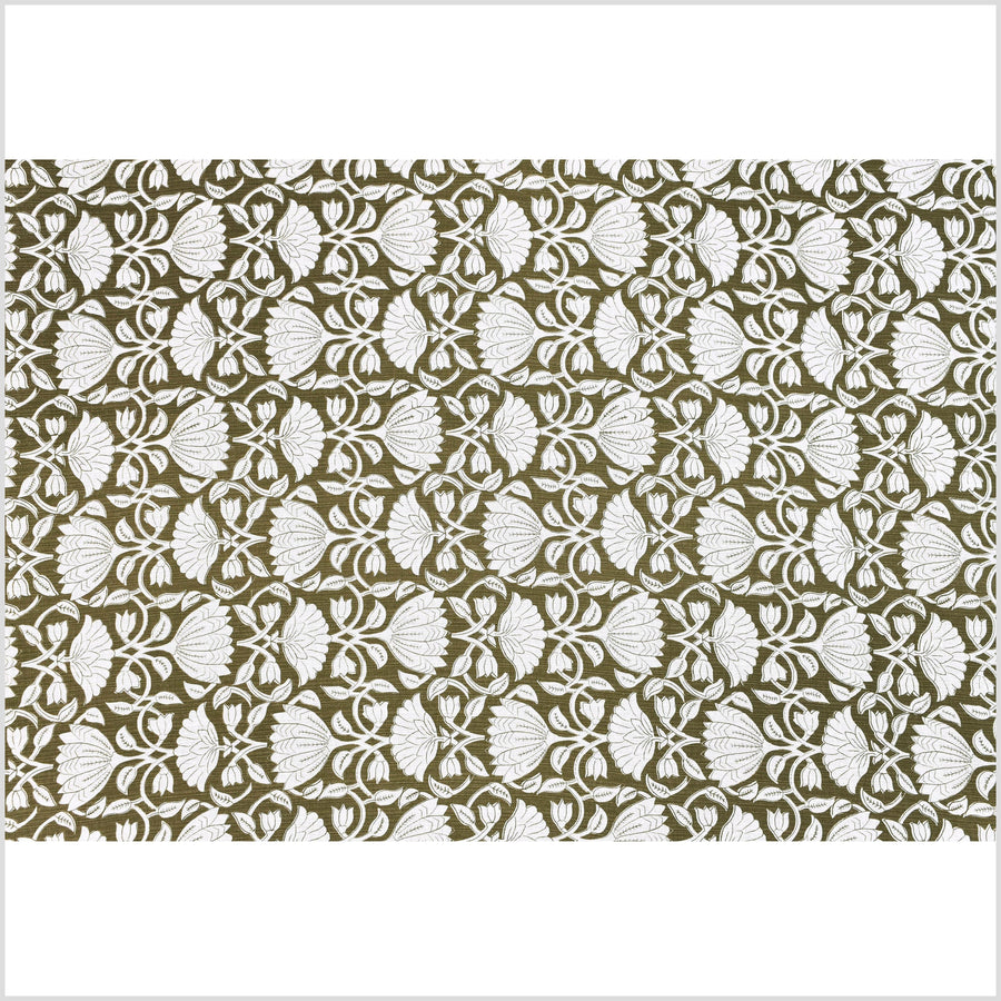 Dark olive moss green floral print cotton fabric, medium weight textured cloth, Thailand craft supply, sold by 10 yards PHA431-10