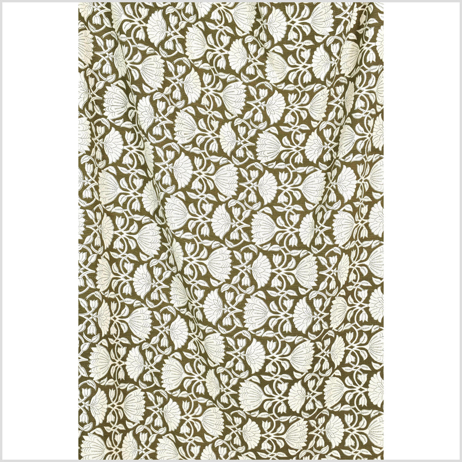 Dark olive moss green floral print cotton fabric, medium weight textured cloth, Thailand craft supply, sold by 10 yards PHA431-10