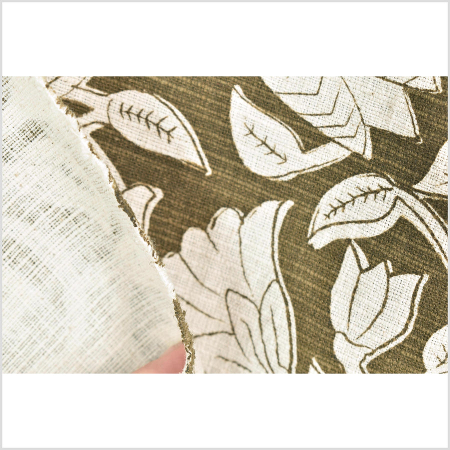 Dark olive moss green floral print cotton fabric, medium weight textured cloth, Thailand craft supply, sold by 10 yards PHA431-10