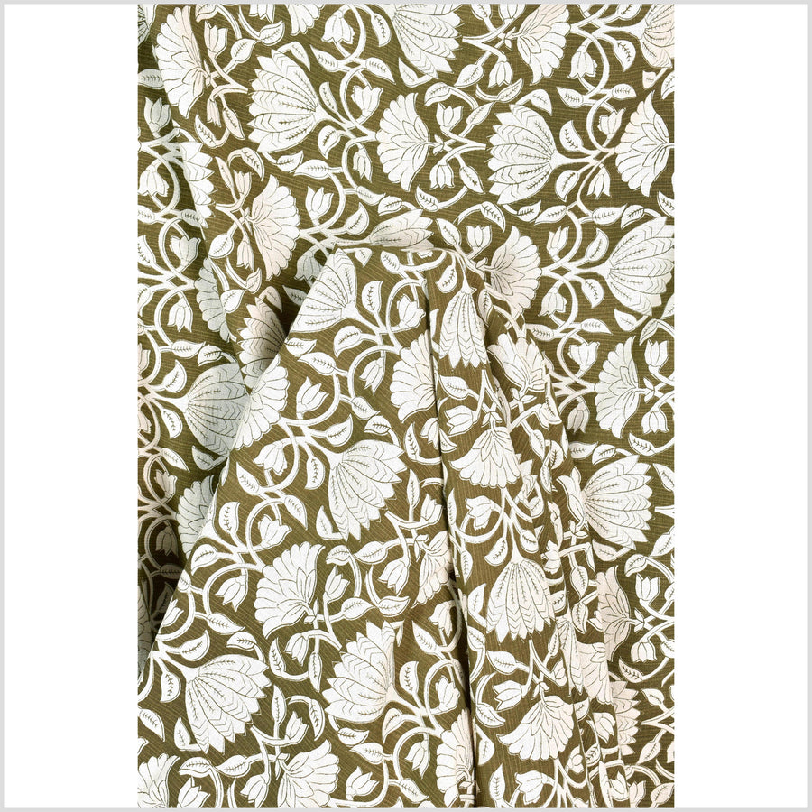 Dark olive moss green floral print cotton fabric, medium weight textured cloth, Thailand craft supply, sold by 10 yards PHA431-10