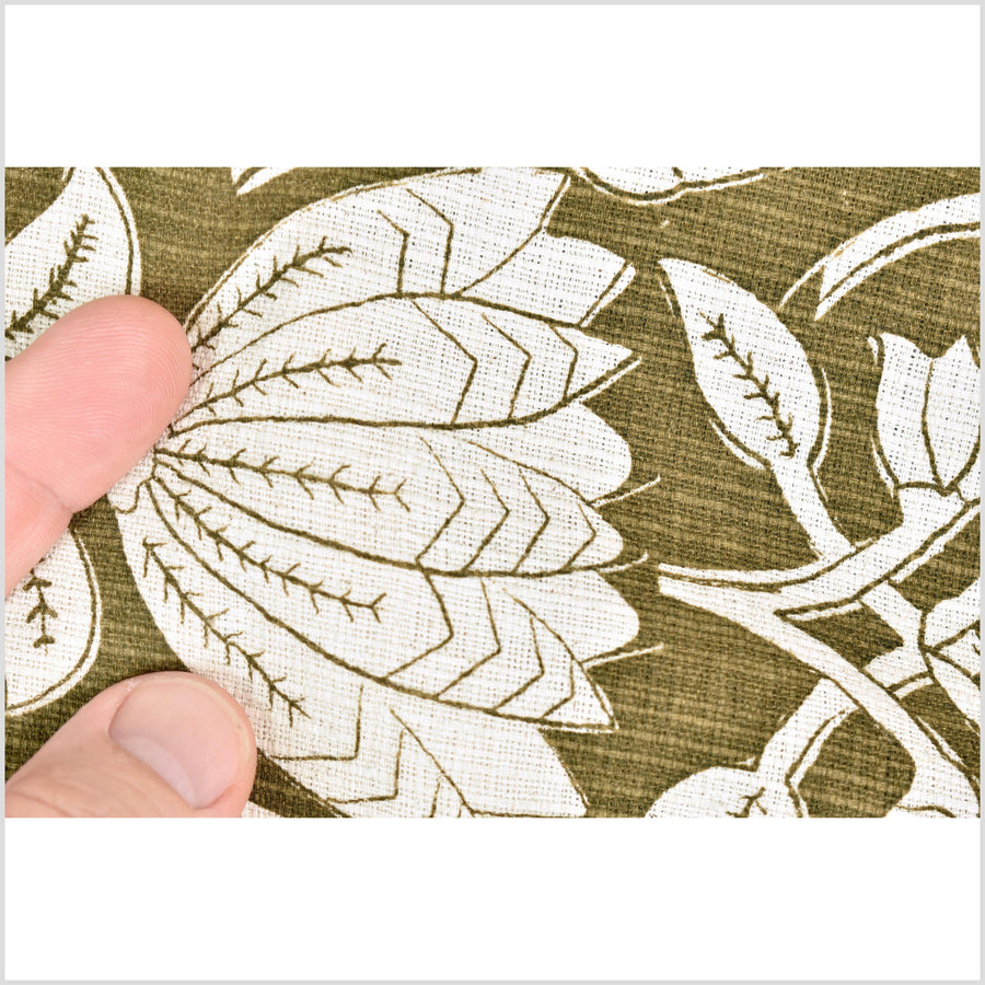 Dark olive moss green floral print cotton fabric, medium weight textured cloth, Thailand craft supply, sold by 10 yards PHA431-10