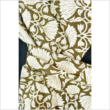 Stunning dark olive moss green floral print 100% cotton fabric, medium weight textured cloth, Thailand craft supply, sold by the yard PHA431