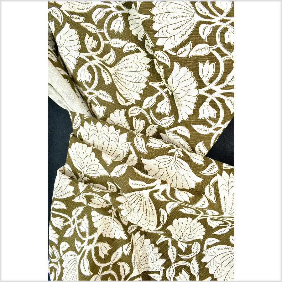 Dark olive moss green floral print cotton fabric, medium weight textured cloth, Thailand craft supply, sold by 10 yards PHA431-10