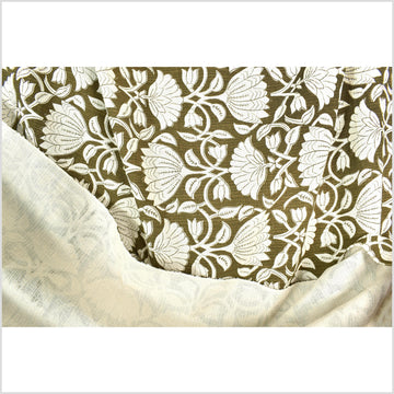 Dark olive moss green floral print cotton fabric, medium weight textured cloth, Thailand craft supply, sold by 10 yards PHA431-10