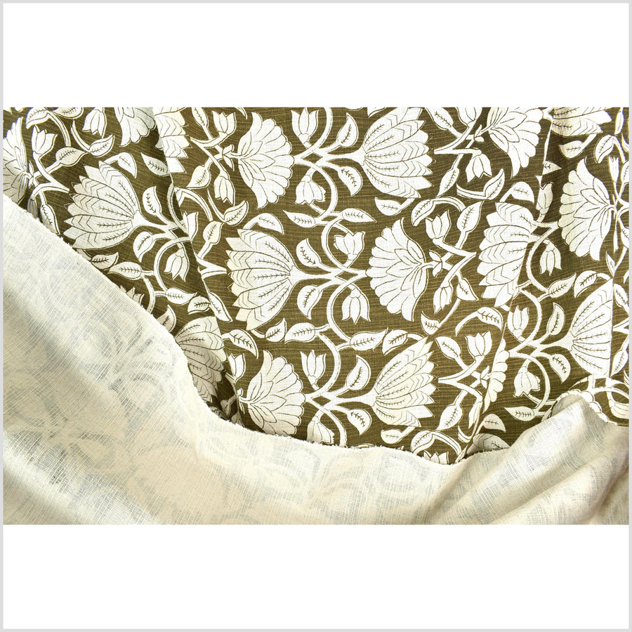 Dark olive moss green floral print cotton fabric, medium weight textured cloth, Thailand craft supply, sold by 10 yards PHA431-10